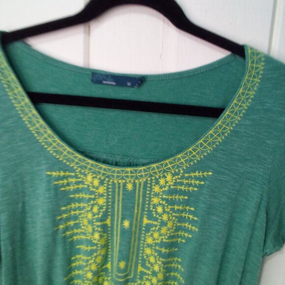 Prana Dress Women M Short Sleeve Embroidery Cinch Waist Athleisure Green Yellow - Picture 8 of 15